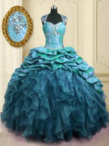 Noble Beading and Ruffles and Pick Ups Sweet 16 Dress Teal Lace Up Cap Sleeves With Brush Train