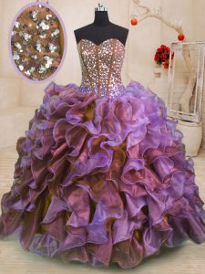 Elegant Floor Length Lace Up Ball Gown Prom Dress Multi-color for Military Ball and Sweet 16 and Quinceanera with Beadin