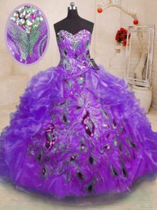 Purple Sleeveless Organza Zipper 15 Quinceanera Dress for Military Ball and Sweet 16 and Quinceanera