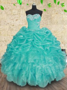 Custom Designed Sweetheart Sleeveless Lace Up Quinceanera Dress Aqua Blue Organza
