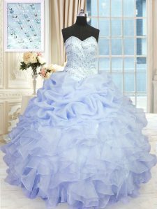 Deluxe Organza Sweetheart Sleeveless Lace Up Beading and Ruffles Quinceanera Dress in Lavender