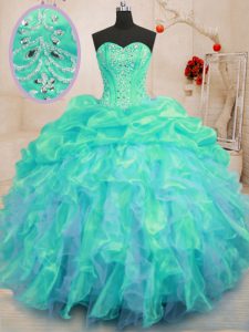 Sweetheart Sleeveless 15 Quinceanera Dress Floor Length Beading and Ruffles Turquoise Organza
