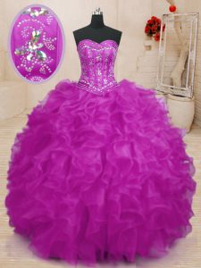 Custom Made Fuchsia Organza Lace Up Ball Gown Prom Dress Sleeveless Floor Length Beading and Ruffles