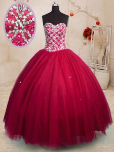 Comfortable Sleeveless Floor Length Beading Lace Up 15th Birthday Dress with Red
