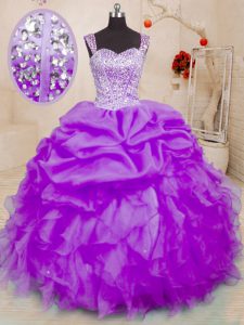 Purple Organza Lace Up Quinceanera Gown Sleeveless Floor Length Beading and Ruffles and Pick Ups