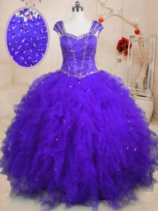 Graceful Cap Sleeves Lace Up Floor Length Beading and Ruffles and Sequins Ball Gown Prom Dress