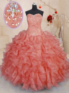Eye-catching Floor Length Watermelon Red Ball Gown Prom Dress Sweetheart Sleeveless Lace Up