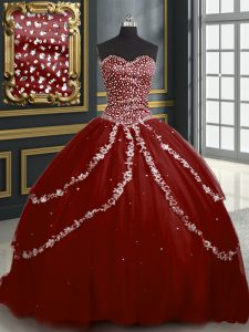 Sleeveless Tulle With Brush Train Lace Up Sweet 16 Dress in Burgundy with Beading and Appliques