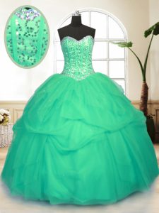 Free and Easy Sequins Pick Ups Ball Gowns Quinceanera Dress Green Sweetheart Tulle Sleeveless Floor Length Lace Up