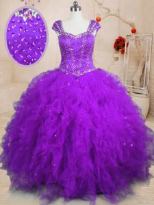 Purple Ball Gowns Beading and Ruffles Quinceanera Gowns Lace Up Tulle Cap Sleeves Floor Length