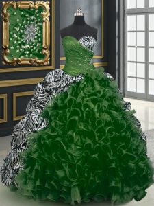 Dark Green Ball Gowns Sweetheart Sleeveless Organza and Printed With Brush Train Lace Up Beading and Ruffles and Pattern