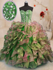 Excellent Multi-color Lace Up Sweetheart Beading and Ruffles Quinceanera Dresses Organza Sleeveless
