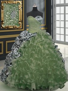 Eye-catching Olive Green Organza and Printed Lace Up Quinceanera Gown Sleeveless With Brush Train Beading and Ruffles an
