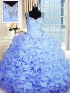Sweetheart Sleeveless 15 Quinceanera Dress Floor Length Beading and Ruffles Baby Blue Organza