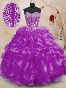 Purple Ball Gowns Organza Sweetheart Sleeveless Beading and Ruffles Floor Length Lace Up Quinceanera Gowns