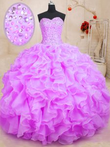 Free and Easy Lilac Organza Lace Up Quinceanera Dresses Sleeveless Floor Length Beading and Ruffles