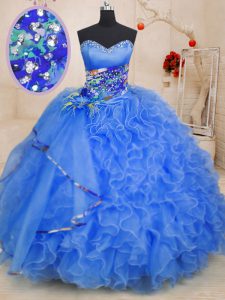 Ideal Sweetheart Sleeveless Lace Up Quinceanera Gowns Blue Organza