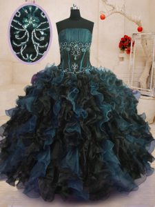 Pretty Multi-color Lace Up Strapless Beading and Ruffles 15th Birthday Dress Organza Sleeveless