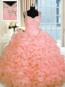 Fabulous Organza Straps Sleeveless Zipper Beading and Ruffles Quinceanera Dresses in Watermelon Red