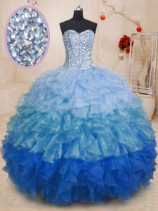 Discount Sleeveless Floor Length Beading and Ruffles Lace Up Sweet 16 Dress with Multi-color