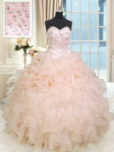 Peach Ball Gowns Organza Sweetheart Sleeveless Beading and Ruffles Floor Length Lace Up Quinceanera Gowns
