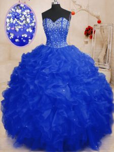 Cheap Royal Blue Sweetheart Neckline Beading and Ruffles Quinceanera Gowns Sleeveless Lace Up