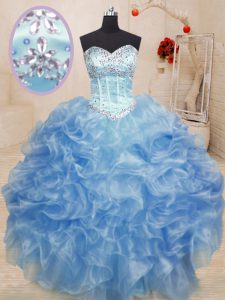 Chic Sweetheart Sleeveless Quinceanera Dresses Floor Length Beading and Ruffles Light Blue Organza