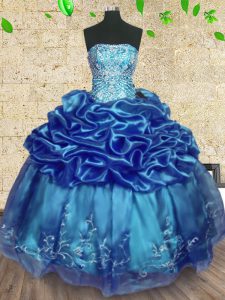 Teal Lace Up Strapless Beading and Embroidery and Ruffles 15 Quinceanera Dress Organza Sleeveless