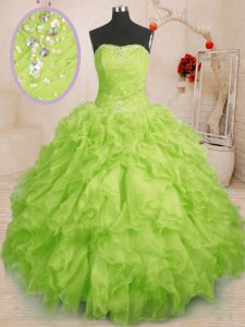 Fitting Yellow Green Sleeveless Beading and Ruffles and Ruching Floor Length 15 Quinceanera Dress