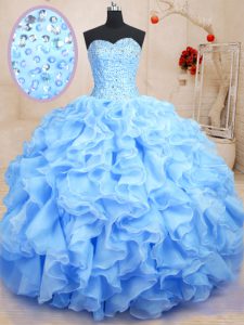 Elegant Beading and Ruffles 15 Quinceanera Dress Blue Lace Up Sleeveless Floor Length