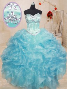 Hot Selling Aqua Blue Organza Lace Up Quinceanera Gown Sleeveless Floor Length Beading and Ruffles