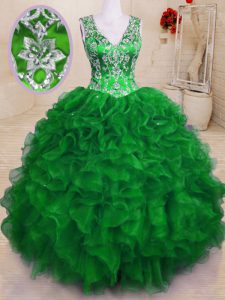 Green Ball Gowns Organza V-neck Sleeveless Beading and Embroidery and Ruffles Floor Length Zipper Quinceanera Gown