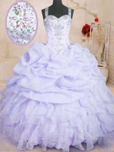 Lavender Zipper Straps Beading and Ruffles and Pick Ups Quinceanera Dress Organza Sleeveless