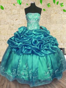 Floor Length Turquoise Sweet 16 Dresses Organza and Taffeta Sleeveless Beading and Ruffles