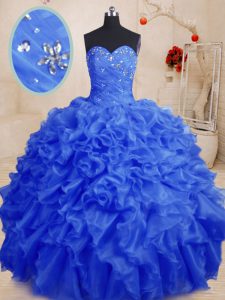 Admirable Royal Blue Ball Gowns Organza Sweetheart Sleeveless Beading and Ruffles Floor Length Lace Up Quince Ball Gowns