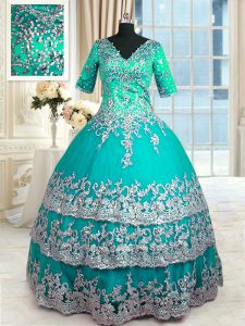 Half Sleeves Beading and Lace and Appliques and Ruffled Layers Zipper Ball Gown Prom Dress