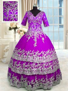 Perfect Ruffled Floor Length Ball Gowns Half Sleeves Purple 15 Quinceanera Dress Zipper