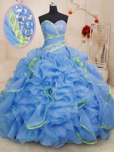 Blue Lace Up Quinceanera Dresses Beading and Ruffles Sleeveless With Brush Train