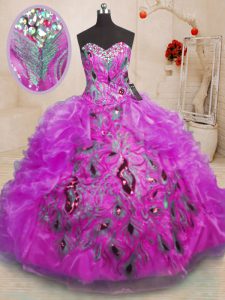Cheap Purple Sweetheart Zipper Beading and Appliques and Ruffles 15th Birthday Dress Sleeveless