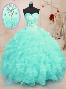Turquoise Sleeveless Organza Lace Up Sweet 16 Dresses for Military Ball and Sweet 16 and Quinceanera