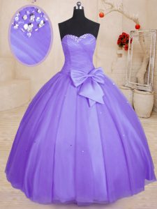 Spectacular Lavender Ball Gowns Sweetheart Sleeveless Tulle Floor Length Lace Up Beading and Bowknot Quinceanera Gowns