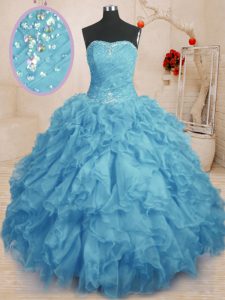 Luxurious Baby Blue Organza Lace Up 15 Quinceanera Dress Sleeveless Floor Length Beading and Ruffles and Ruching