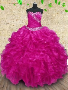 Attractive Fuchsia Ball Gowns Beading and Ruffles and Ruching Sweet 16 Quinceanera Dress Lace Up Organza Sleeveless Floo