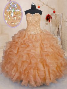 Trendy Beading and Ruffles Quinceanera Gowns Orange Lace Up Sleeveless Floor Length