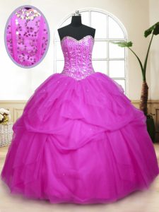 Fuchsia Lace Up Sweet 16 Dress Sequins and Pick Ups Sleeveless Floor Length