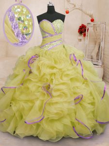 Ideal Sleeveless With Train Beading and Ruffles Lace Up Quinceanera Gowns with Yellow Brush Train