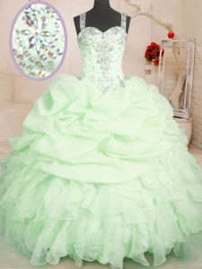 Yellow Green Ball Gowns Beading and Ruffles and Pick Ups Quinceanera Gown Zipper Organza Sleeveless Floor Length