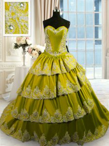 Fitting Ruffled Olive Green Sleeveless Taffeta Court Train Lace Up Quince Ball Gowns for Military Ball and Sweet 16 and 