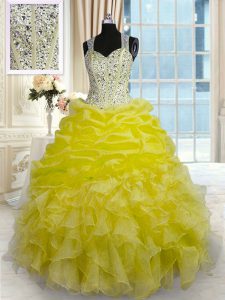 Superior Yellow Straps Zipper Beading and Ruffles Quince Ball Gowns Sleeveless