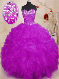 Floor Length Purple Quince Ball Gowns Organza Sleeveless Beading